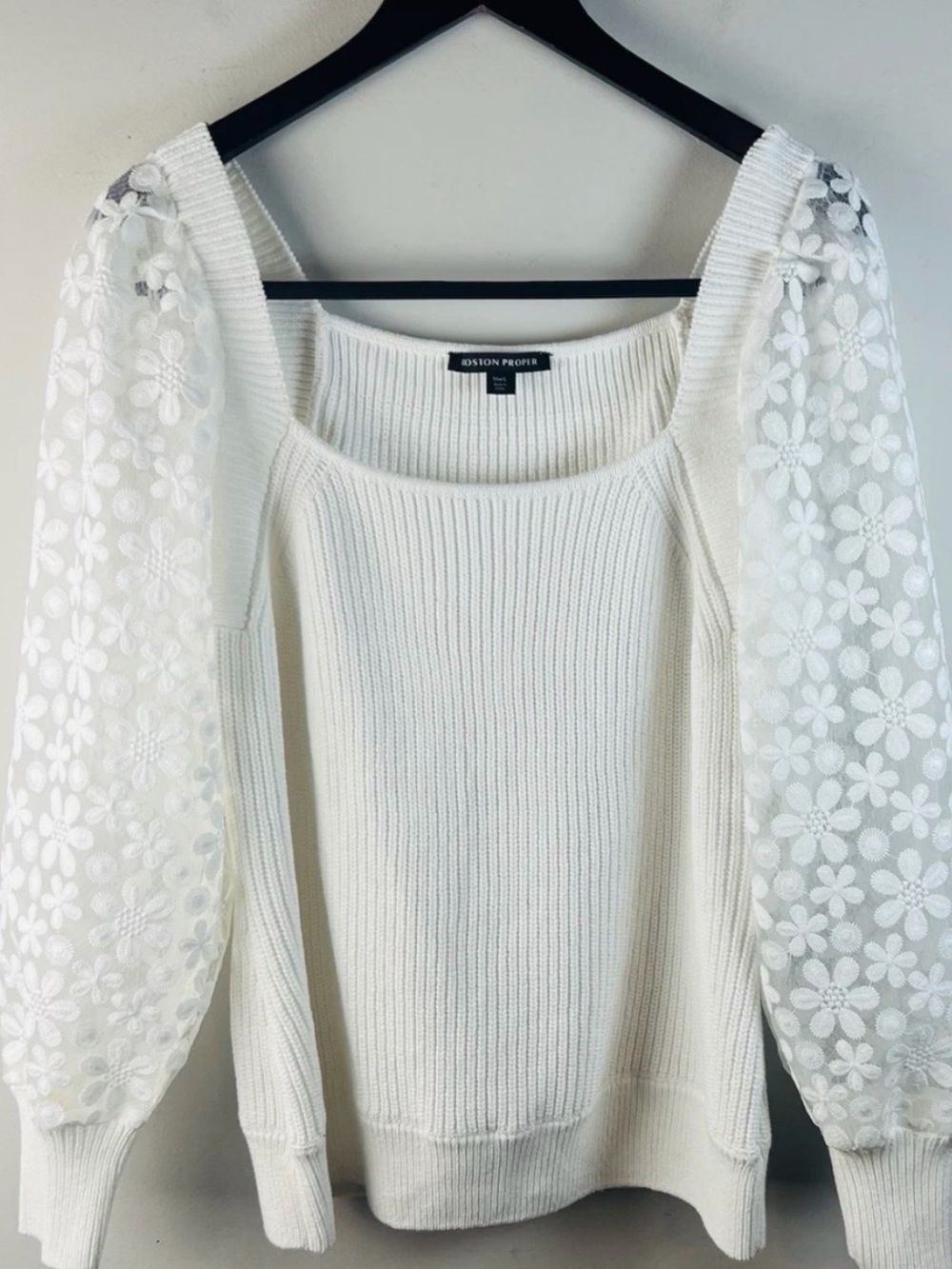 NWOT, No Label, Size Small, Ivory Ribbed Sweater with Floral Lace Puff Sleeves